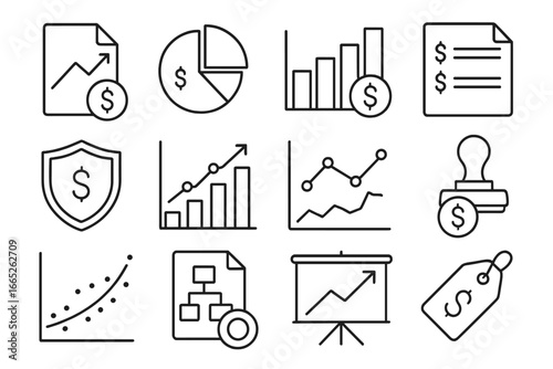 Campaign Budget Icons. Line style icons of campaign budget allocation: expense forecast file, budget category pie, spend tracker