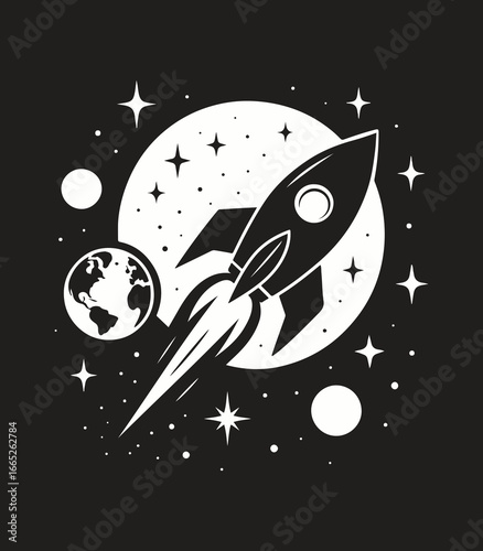 Rocket Ship in Space T-Shirt, Retro Space Rocket Graphic Tee, Planets Stars and Earth Design, Astronomy Lover Gift for Men Women & Kids