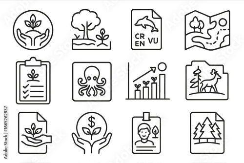 Environmental Conservation Icons. Line style icons of environmental conservation: tree planting badge, habitat restoration icon,