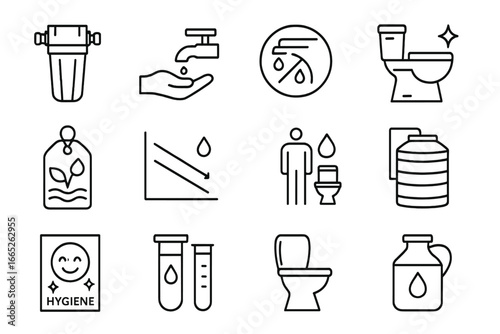 Clean Water Icons. Line style icons of clean water and sanitation: water purification filter, handwashing station icon, low-flow