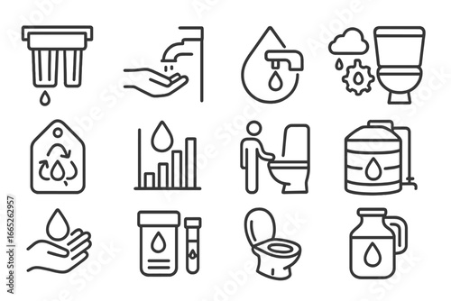 Clean Water Icons. Line style icons of clean water and sanitation: water purification filter, handwashing station icon, low-flow