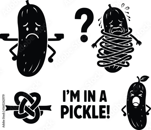 Funny pickle character caught in a knot and text saying 'i'm in a pickle!'