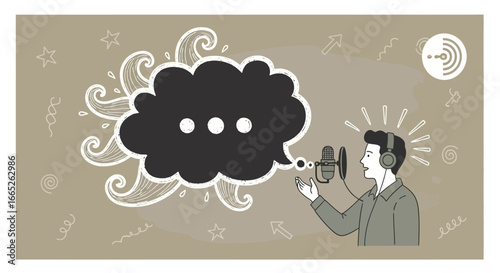 Podcast recording illustration featuring a speaker, microphone and speech bubble drawing creative