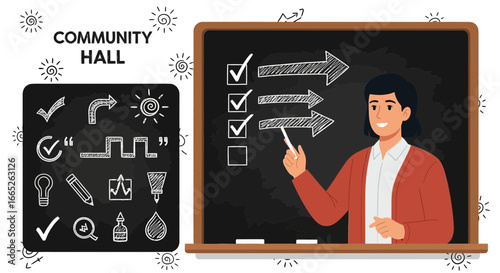 Presentation in Community Hall Using Blackboard with Doodle Drawings and Positive Mood