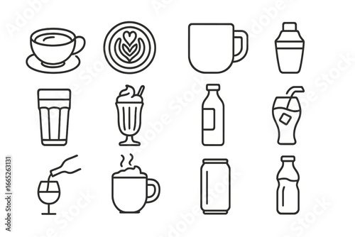 Line Style Drink Icons. Line style icons of drink menu items: cappuccino cup, latte art icon, americano mug, matcha tea bowl, chai