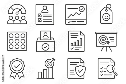 Employee Survey Icons. Line style icons of employee surveys and research: engagement index icon, climate survey form, pulse check