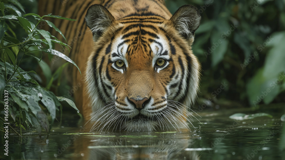 Fototapeta premium Bengal Tiger stalking water surface , in the forest 