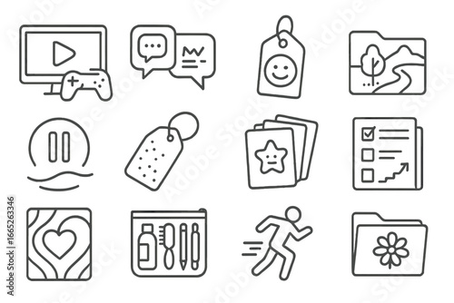 Healthy Coping Icons. Line style icons of healthy coping strategies: healthy distraction icons, safe venting sheet, humor therapy