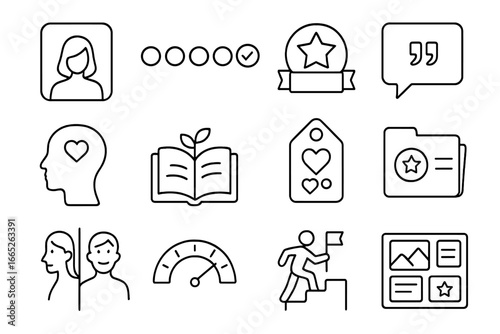 Self-Esteem Icons. Line style icons of self-esteem and confidence: mirror reflection icon, confidence rating scale, personal