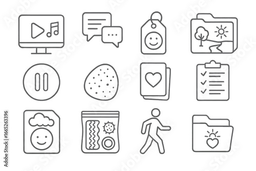 Healthy Coping Icons. Line style icons of healthy coping strategies: healthy distraction icons, safe venting sheet, humor therapy