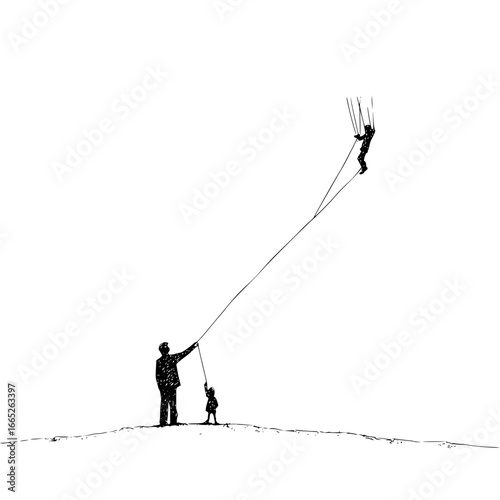 Artistic drawing of family with father child and person above connected by lines in black and white style