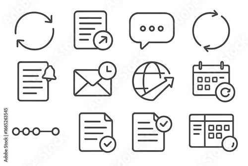 Async Workflow Icons. Line style icons of asynchronous work flow: async icon, update log file, comment thread symbol, feedback
