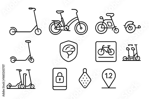 Micromobility Icons. Line style icons of micromobility: kick scooter, foldable bike, compact e-bike, hoverboard, personal mobility