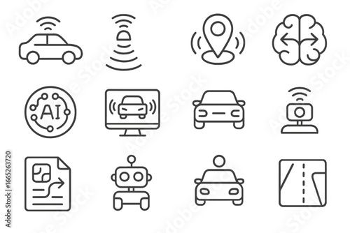 Autonomous Vehicle Icons. Line style icons of autonomous vehicles: self-driving car icon, lidar sensor symbol, radar mapping tag,