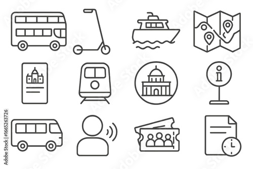 Tourism Transport Icons. Line style icons of transport for tourism: double-decker tour bus, rental scooter, boat cruise icon,