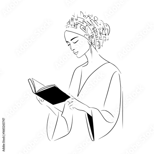 Woman reading book with music notes head wrap line art drawing vector illustration graphic design concept
