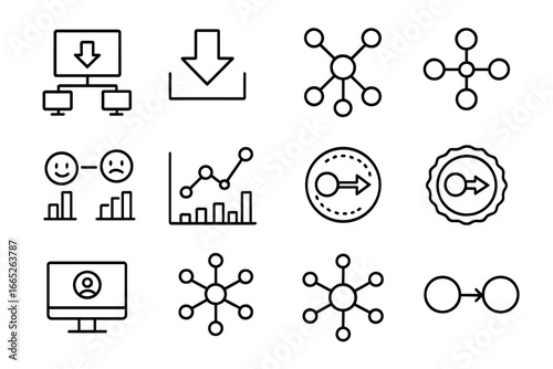 Peer-to-Peer Network Icons. Line style icons of peer-to-peer network: file-sharing node icon, torrent download icon, P2P diagram,