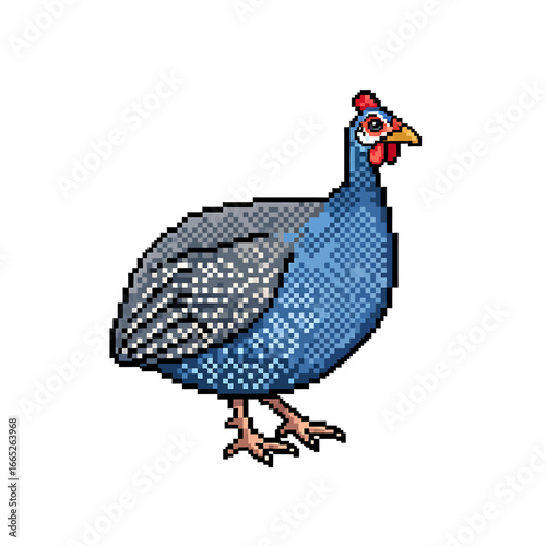 A pixelated illustration of a guinea fowl, standing with detailed features and coloring.