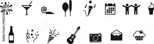 Simple set of party icons. Pack of Party icons including, celebration, drink, balloon, mic, music, calender, ice cream, bottle, camera, letter, guitar, cake, etc. 017.eps