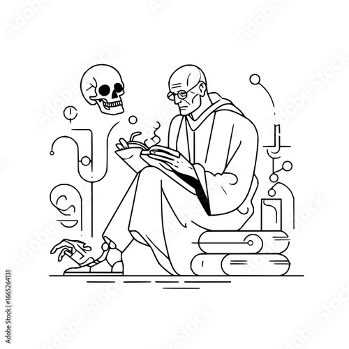 Line art illustration of a scholar reading with skull and alchemy symbols for educational content design