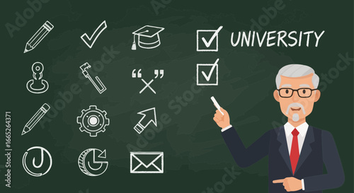 Professor Explaining University Concepts on a Chalkboard with Educational Symbols
