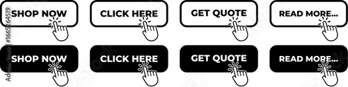 CTA Buttons set in Black and White. Call to action buttons for Shop now, Click here, Get Quote, and read more. 09.eps
