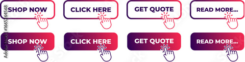 CTA Buttons set with gradient frames in Pink and Purple. Call to action buttons for Shop now, Click here, Get Quote, and read more. 10.eps