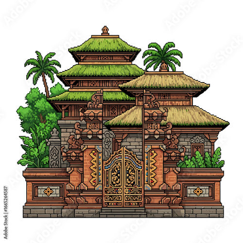 Pixelated illustration of a traditional Balinese temple with intricate carvings and lush vegetation.
