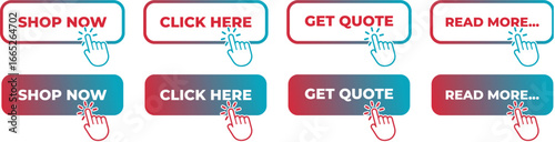CTA Buttons set with gradient frames in Cyan and Pink. Call to action buttons for Shop now, Click here, Get Quote, and read more. 11.eps