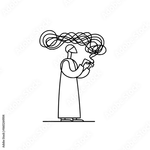 Mental health illustration showing anxiety and stress with a person in despair and confused thoughts drawing 100
