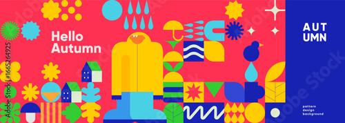 Vibrant autumn-themed graphic featuring colorful geometric shapes and patterns. The design includes abstract elements like leaves, raindrops, and a character in a yellow coat.