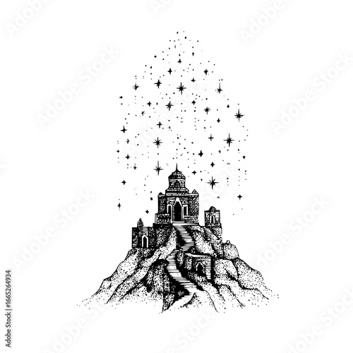 Fantasy castle drawing with stars above on mountain top illustration black and white ink art design