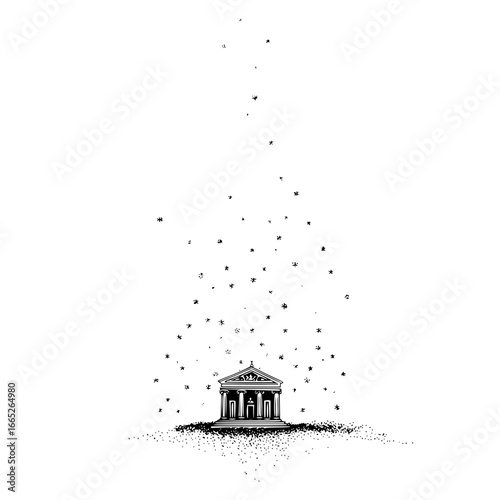 Ancient greek architecture drawing of temple with falling stars black and white illustration art vector image