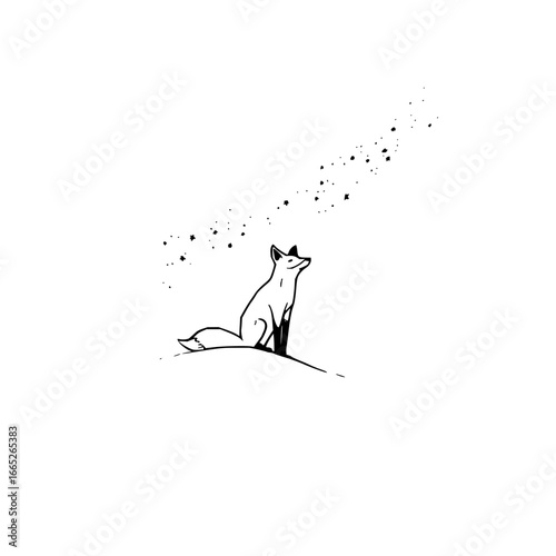 Fox gazing stars illustration vector art in minimalist style black and white line drawing design 100