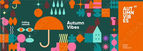 A vibrant autumn-themed illustration featuring abstract shapes and symbols like umbrellas, leaves, and raindrops. The design uses bold colors to evoke the essence of fall.