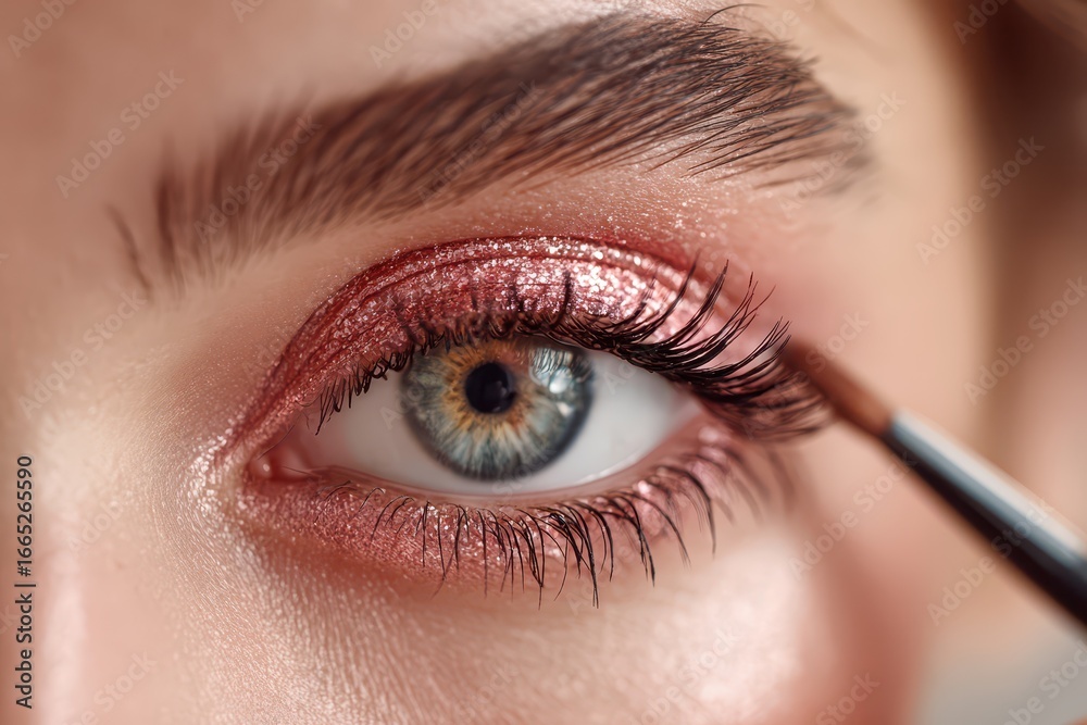 Obraz premium Applying sparkling rose gold glitter eyeshadow to a stunning blue-green eye with a brush.