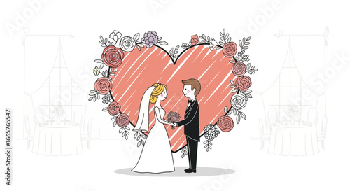 Romantic wedding illustration with bride and groom surrounded by floral heart decoration