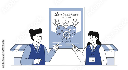 Sales representatives present line brush heart vector set promotional poster