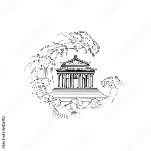 Ancient greek temple surrounded by waves line art illustration for architecture and history enthusiasts design 100