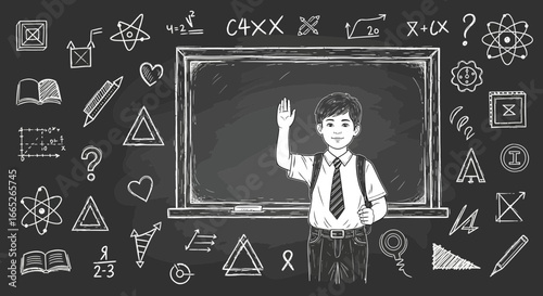 Schoolboy raising hand in classroom with mathematical formulas on chalkboard background