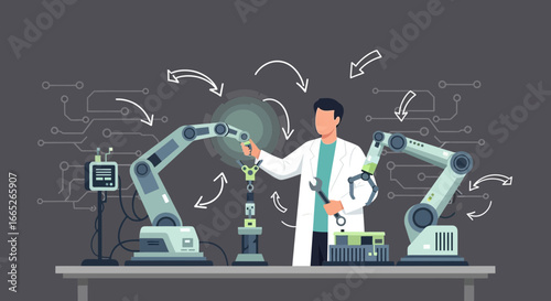Scientist configuring robotic arms for advanced manufacturing and automation in the lab