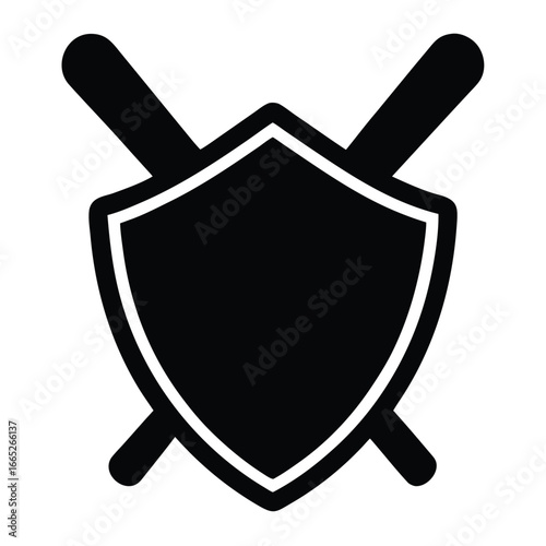 Black Shield Icon with Crossed Batons or Rods Silhouette