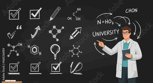 Scientist explains chemistry and formulas at university chalkboard concept