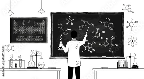 Scientist explains chemical formulas on chalkboard in laboratory teaching science
