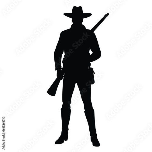 Cowboy Silhouette with Rifle and Hat, Western Style Person Black Shape