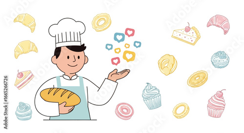 Smiling baker showcasing bakery items with like icons floating around in a delightful display
