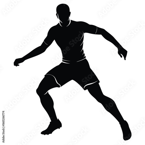 Dynamic Black Silhouette of Soccer Player in Action Ready to Kick or Pass Ball