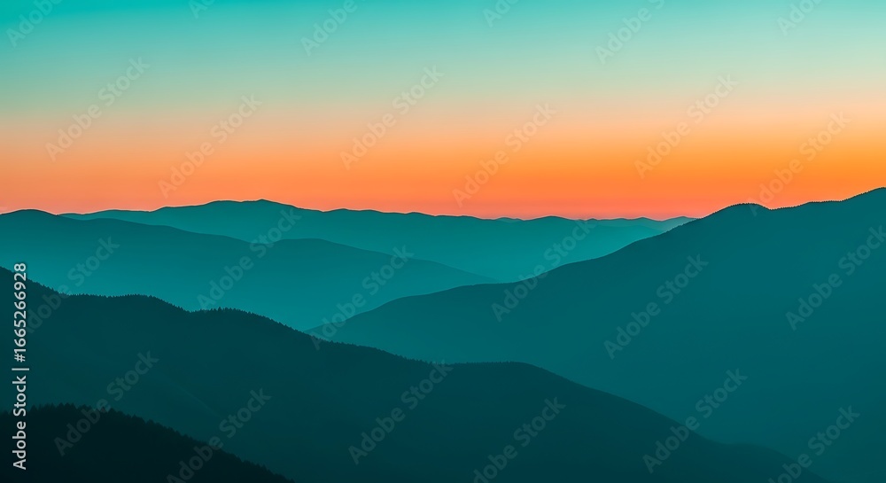 Obraz premium Layers of mountains are seen at sunset with a gradient sky background