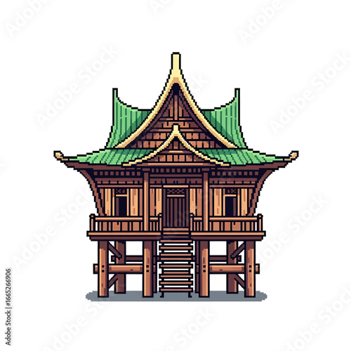 Pixel art depiction of a traditional Southeast Asian stilt house, featuring a tiered roof with green accents.