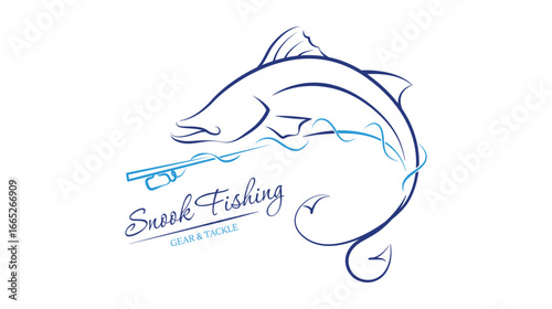 line art illustration of snook fish, fishing rod and hook for fishing logo, fishing gear and tackle shop and angler apparel design.